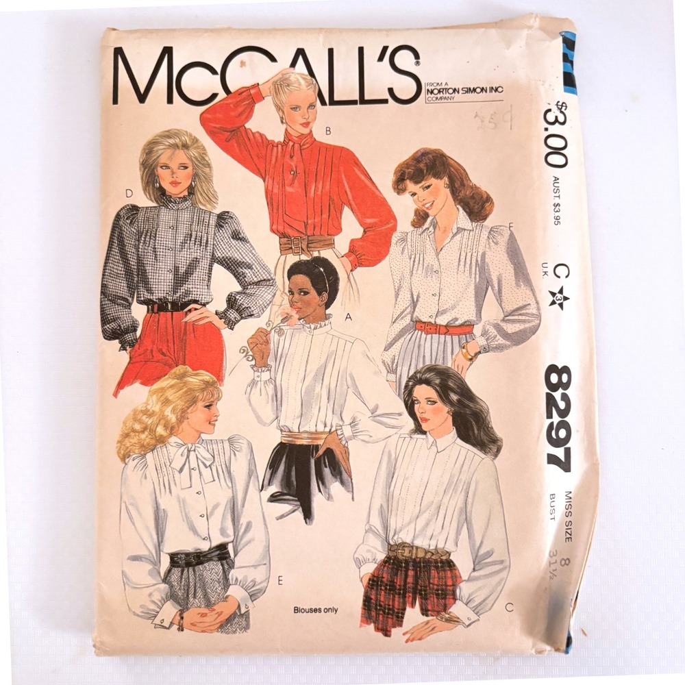 McCalls 8297 Vtg '82 Ruffle Tie Neck Romantic Blouse Sz 8 Complete Uncut